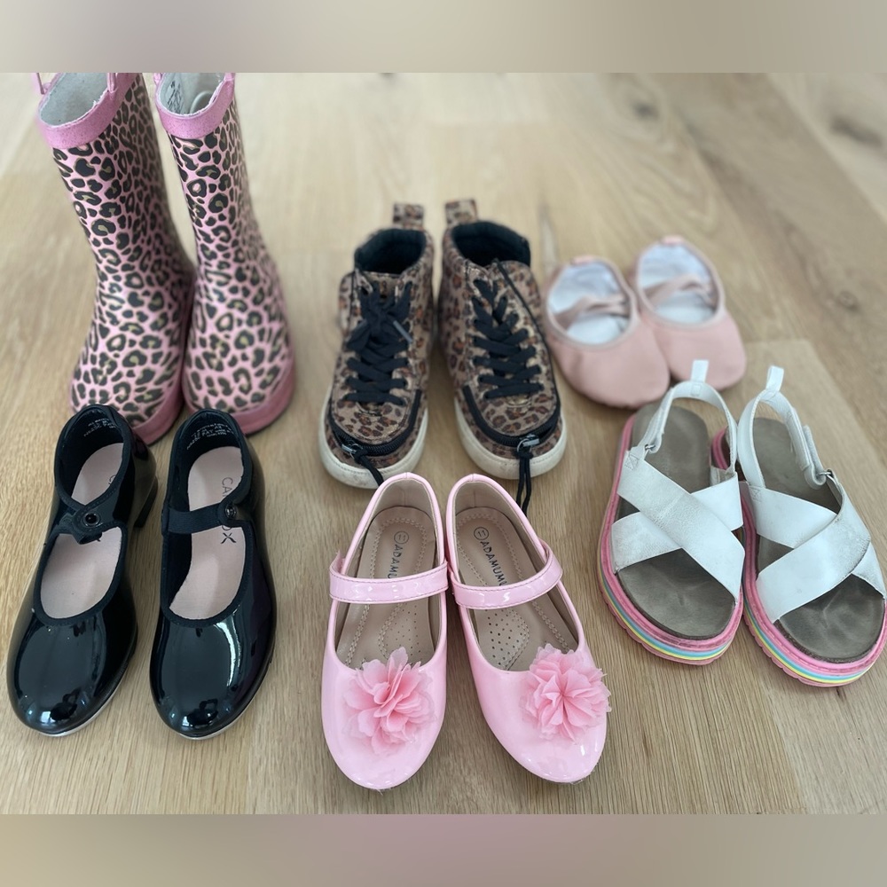 Sneakers, tap shoes, dress shoes, rain boots, sandals, ballet shoes
